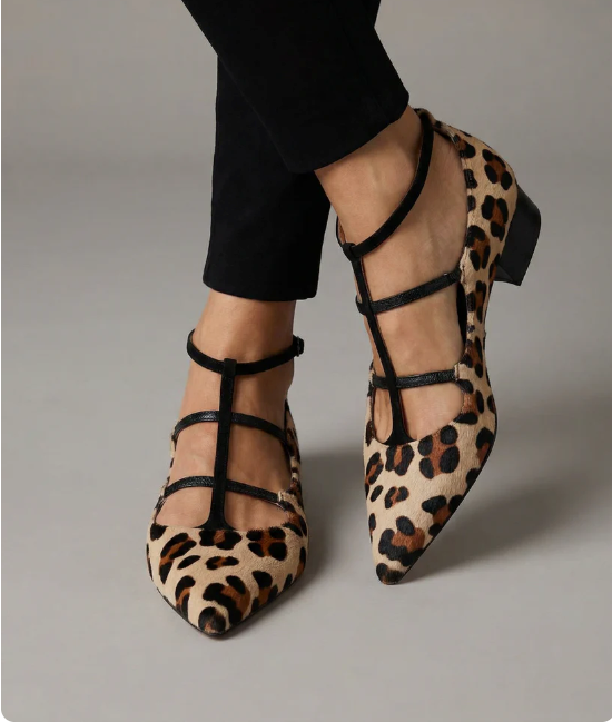 Cecilia — Leopard-Print Pointed Flats with Ankle Straps