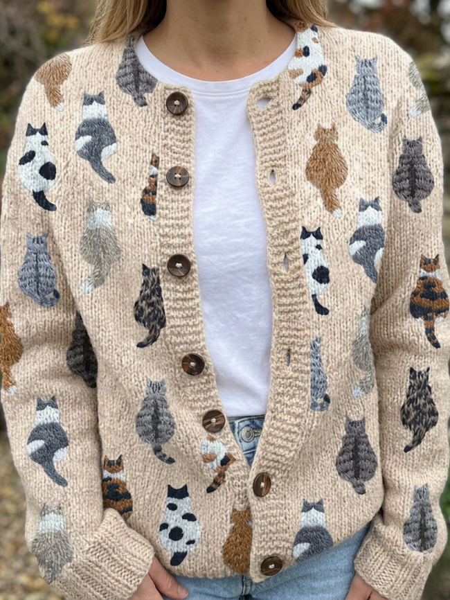 Marguerite — Cosy Artistic Cat Print Knit Cardigan