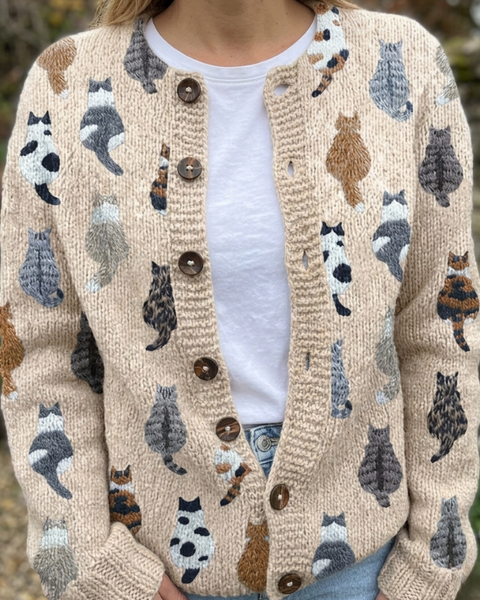 Marguerite — Cosy Artistic Cat Print Knit Cardigan