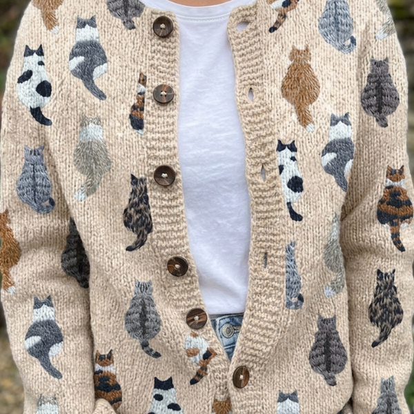 Marguerite — Cosy Artistic Cat Print Knit Cardigan