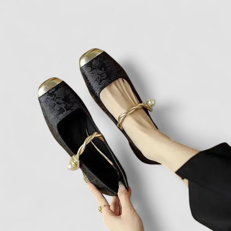 Akiko — Orthopaedic Mary Jane Shoes with Gold Toe Cap and Jewelled Heel