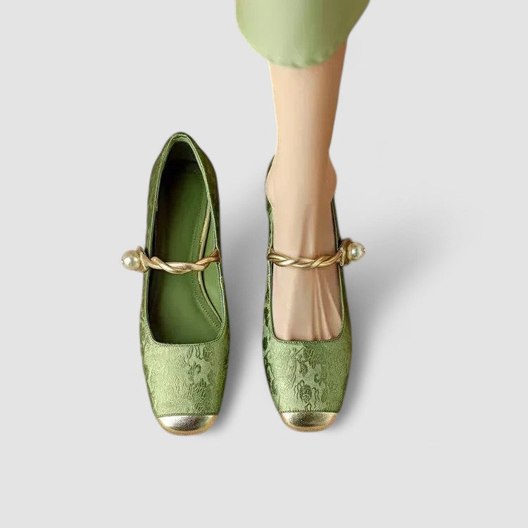 Akiko — Orthopaedic Mary Jane Shoes with Gold Toe Cap and Jewelled Heel