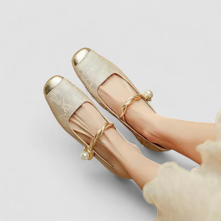 Akiko — Orthopaedic Mary Jane Shoes with Gold Toe Cap and Jewelled Heel