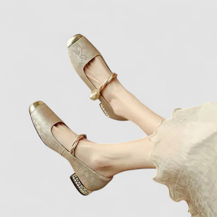 Akiko — Orthopaedic Mary Jane Shoes with Gold Toe Cap and Jewelled Heel