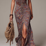 Hermia — Ruched Floral Maxi Dress with Front Slit and Ruffle Hem