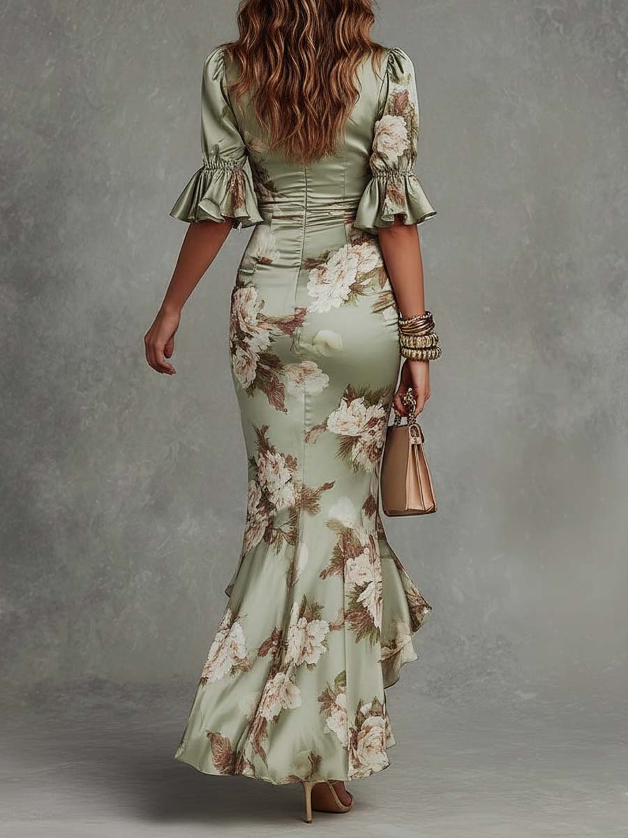Brangwen — Floral V-Neck Maxi Dress with Ruffle Bell Sleeves and Slit Hem
