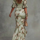 Brangwen — Floral V-Neck Maxi Dress with Ruffle Bell Sleeves and Slit Hem