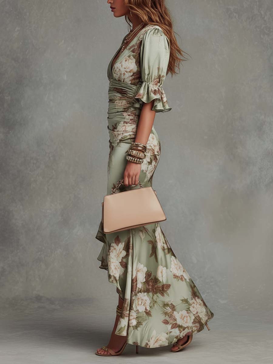 Brangwen — Floral V-Neck Maxi Dress with Ruffle Bell Sleeves and Slit Hem