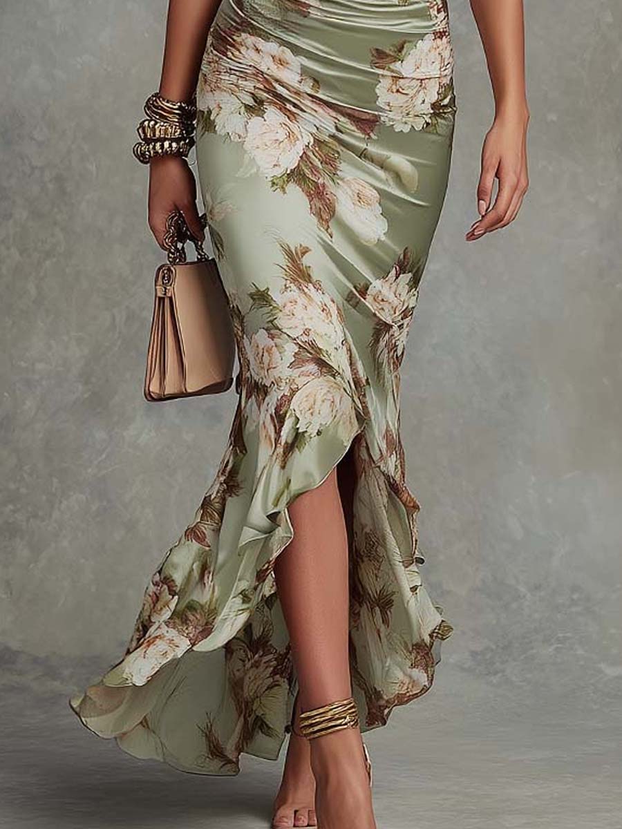 Brangwen — Floral V-Neck Maxi Dress with Ruffle Bell Sleeves and Slit Hem