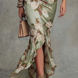 Brangwen — Floral V-Neck Maxi Dress with Ruffle Bell Sleeves and Slit Hem