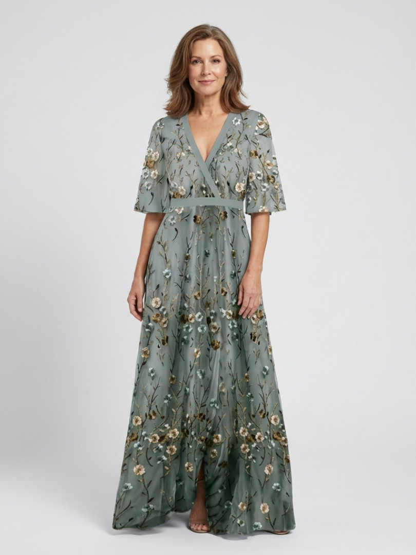 Evelina — Floral V-Neck Maxi Dress with Flutter Sleeves