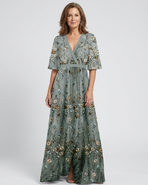 Evelina — Floral V-Neck Maxi Dress with Flutter Sleeves