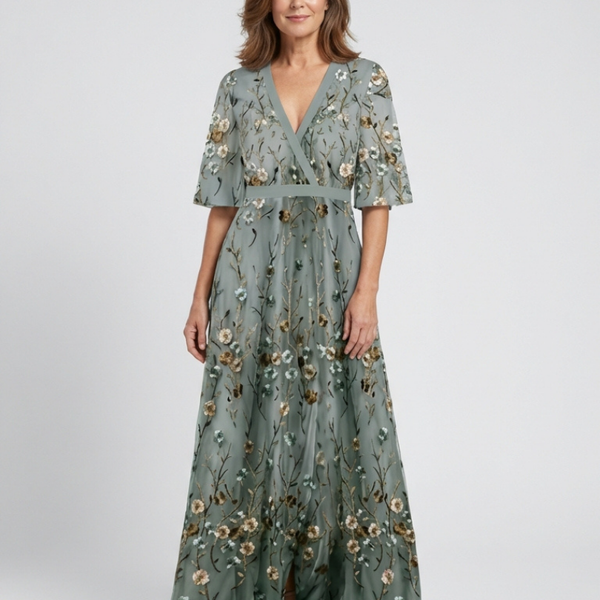 Evelina — Floral V-Neck Maxi Dress with Flutter Sleeves