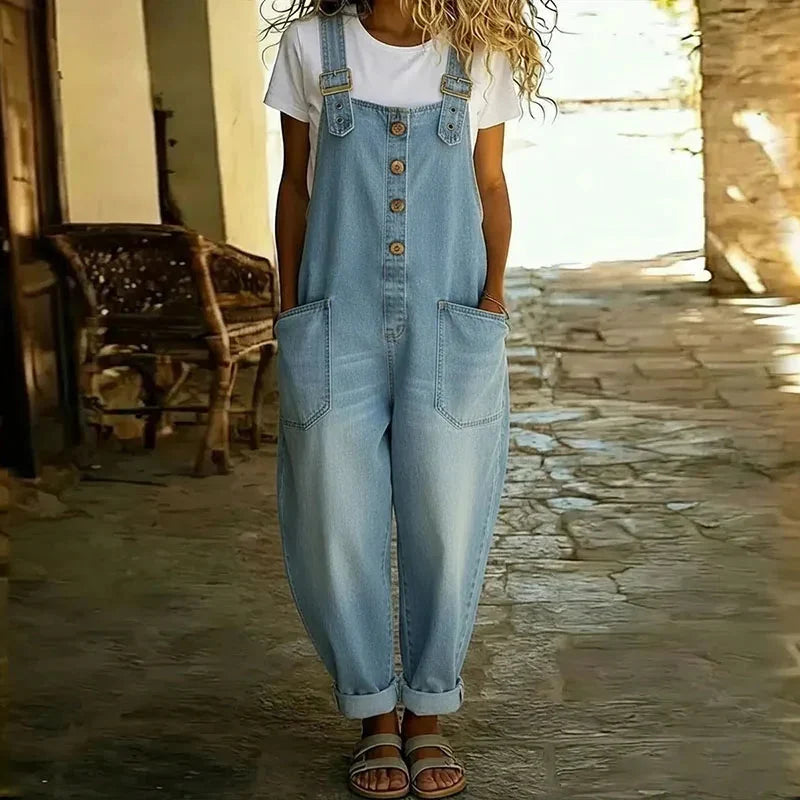 Audrey — Relaxed Wide-Leg Denim-Look Overalls with Button Front