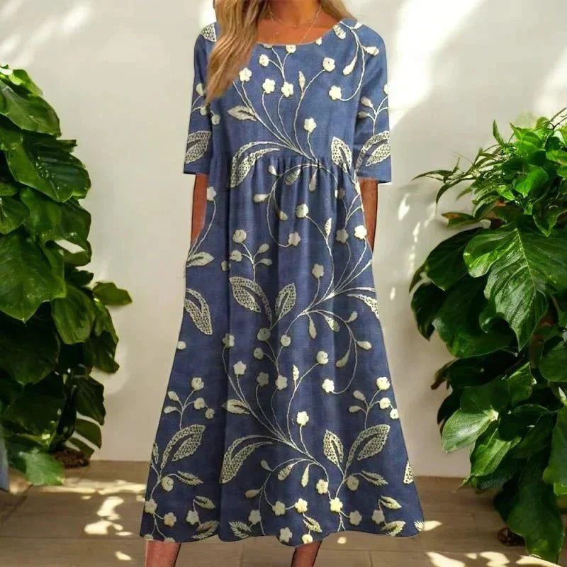 Svetlana — Navy Floral Midi Dress with Elbow Sleeves
