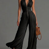 Melania — Black Zip-Front Pleated Wide-Leg Jumpsuit