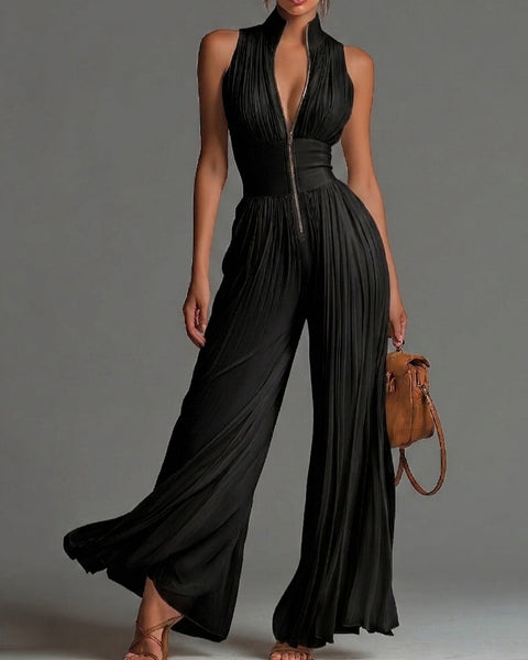 Melania — Black Zip-Front Pleated Wide-Leg Jumpsuit
