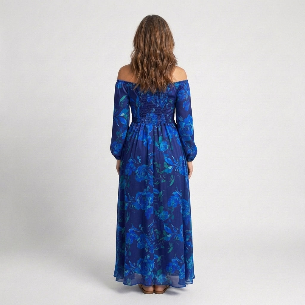 Magnhild — Blue Floral Off-Shoulder Maxi Dress with Long Sleeves
