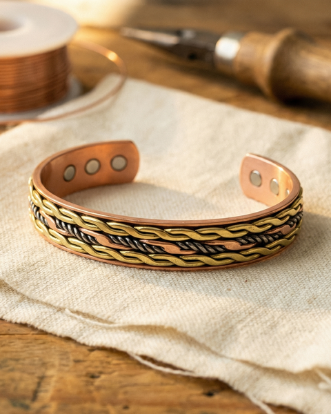 Lilly — Tri-Colour Woven Band Copper-Tone Cuff Bracelet