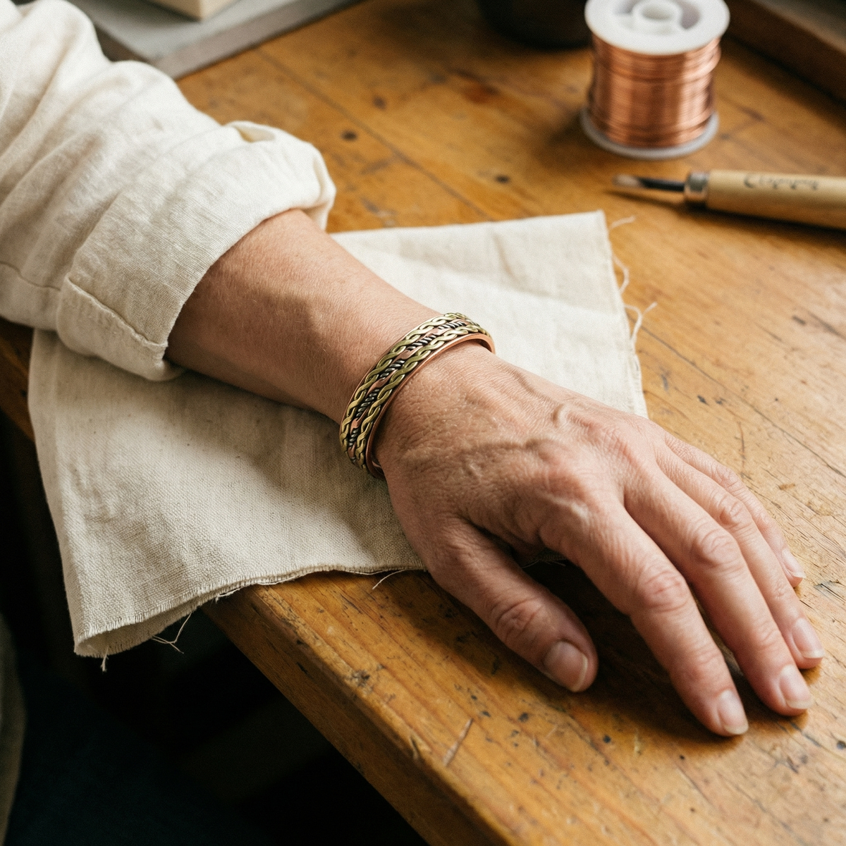 Lilly — Tri-Colour Woven Band Copper-Tone Cuff Bracelet