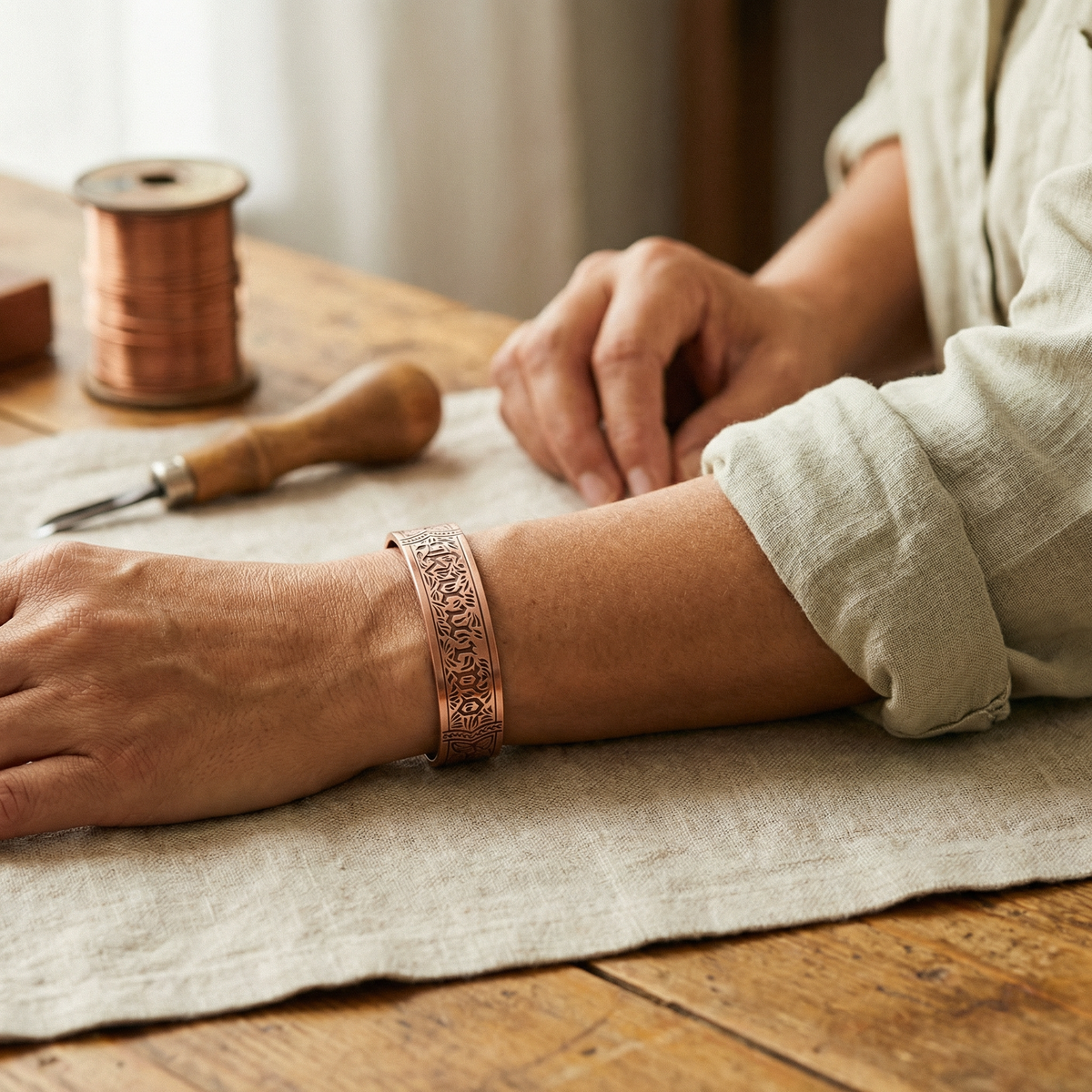Miranda — Embossed Floral Copper-Tone Cuff Bracelet