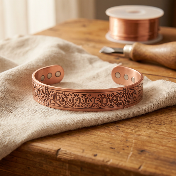 Miranda — Embossed Floral Copper-Tone Cuff Bracelet