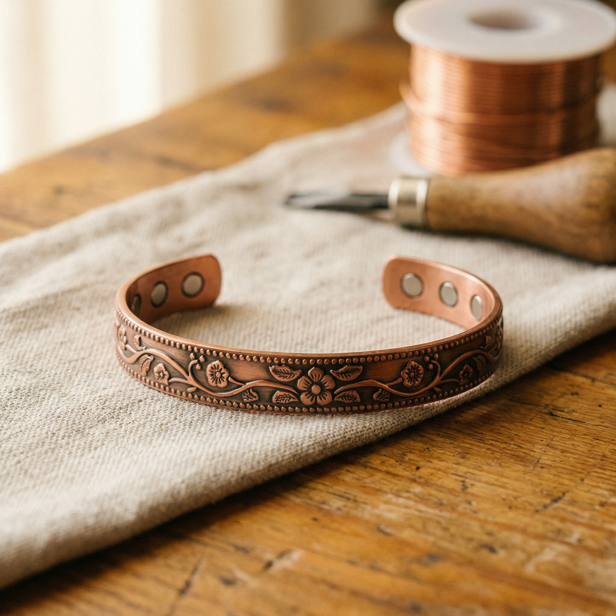 Imani — Dark Floral Engraved Copper-Tone Cuff Bracelet