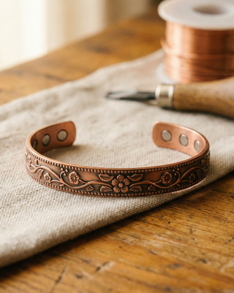 Imani — Dark Floral Engraved Copper-Tone Cuff Bracelet