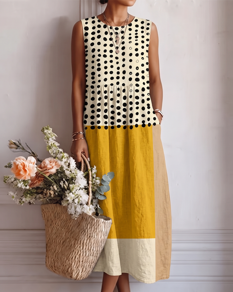 Alena — Polka-Dot Colour-Block Sleeveless Midi Dress
