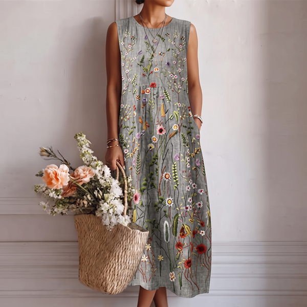 Adele — Grey Wildflower Sleeveless Midi Dress