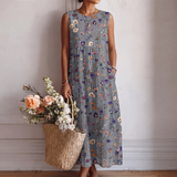 Alberta — Grey Ditsy Floral Sleeveless Midi Dress