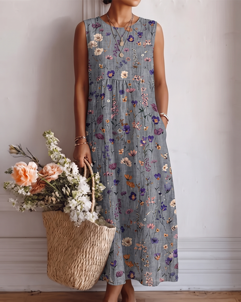 Alberta — Grey Ditsy Floral Sleeveless Midi Dress