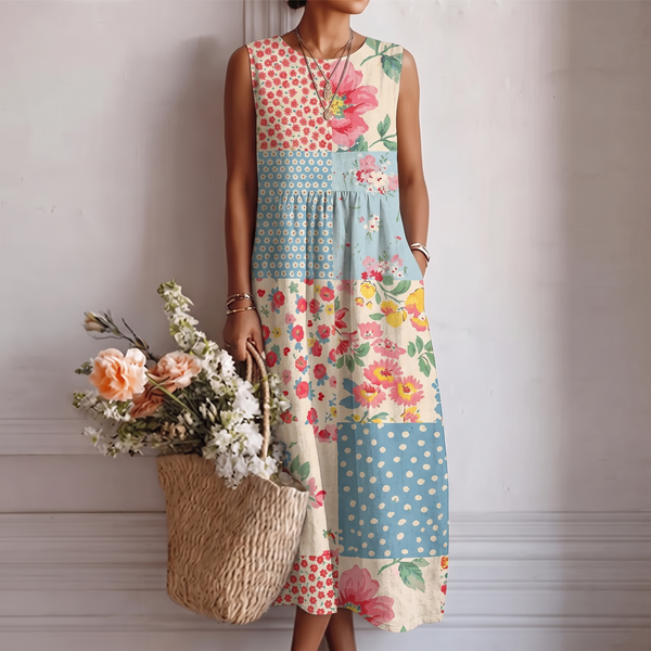 Astra — Pink Floral Patchwork Sleeveless Midi Dress