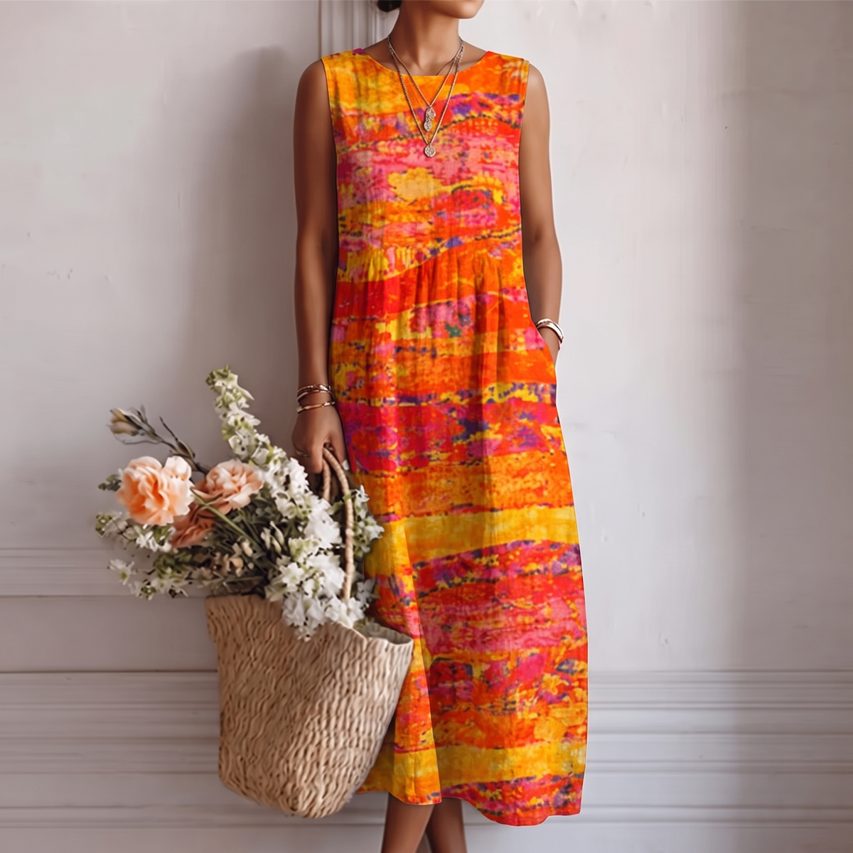 Audra — Sunset Orange Striped Sleeveless Midi Dress