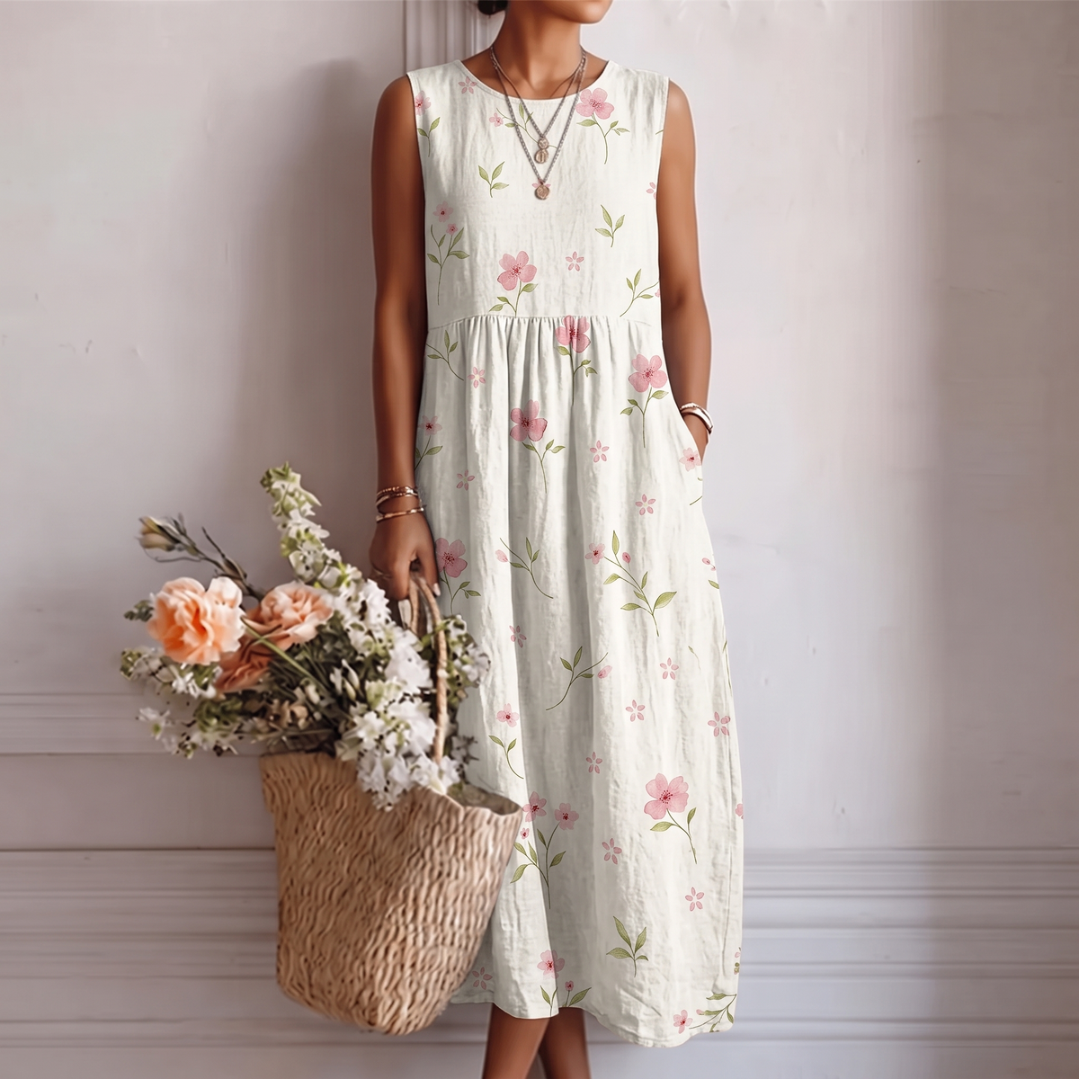 Aimee — White Wildflower Sleeveless Midi Dress