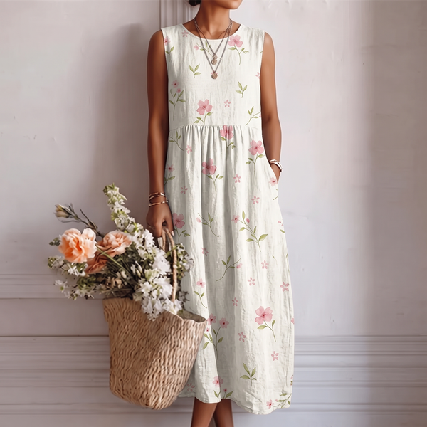 Aimee — White Wildflower Sleeveless Midi Dress