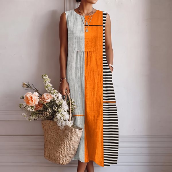 Aspen — Orange Colour-Block Stripe Sleeveless Midi Dress