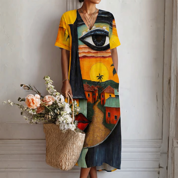 Dayna — Abstract Face-Print V-Neck Boho Maxi Dress