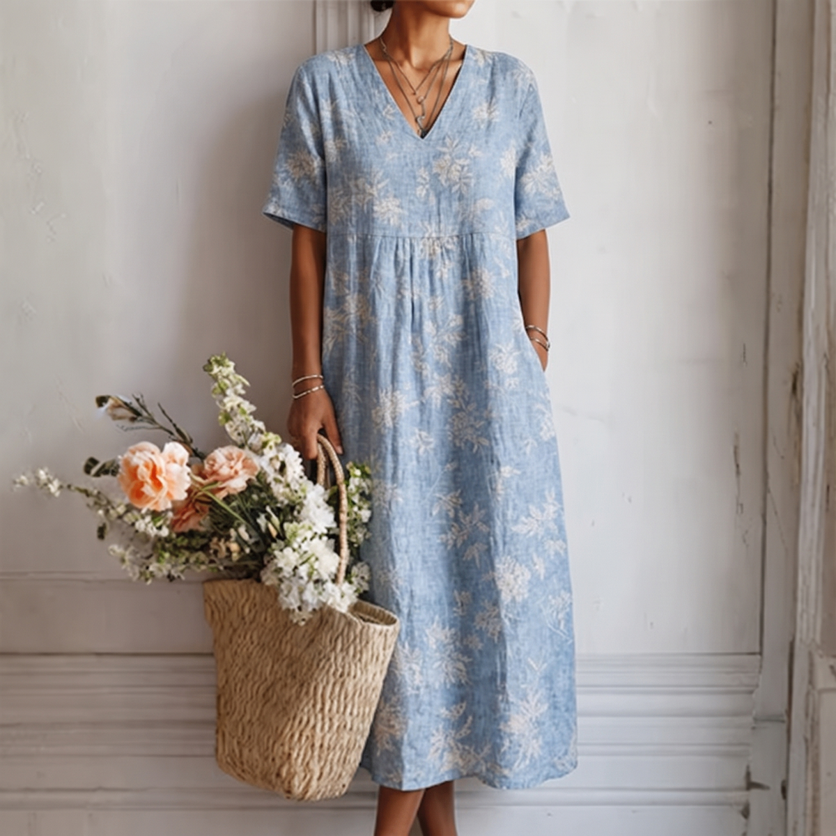 Dalila — Pale Blue Floral V-Neck Boho Maxi Dress