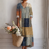 Coretta — Blue and Tan Patchwork V-Neck Boho Maxi Dress