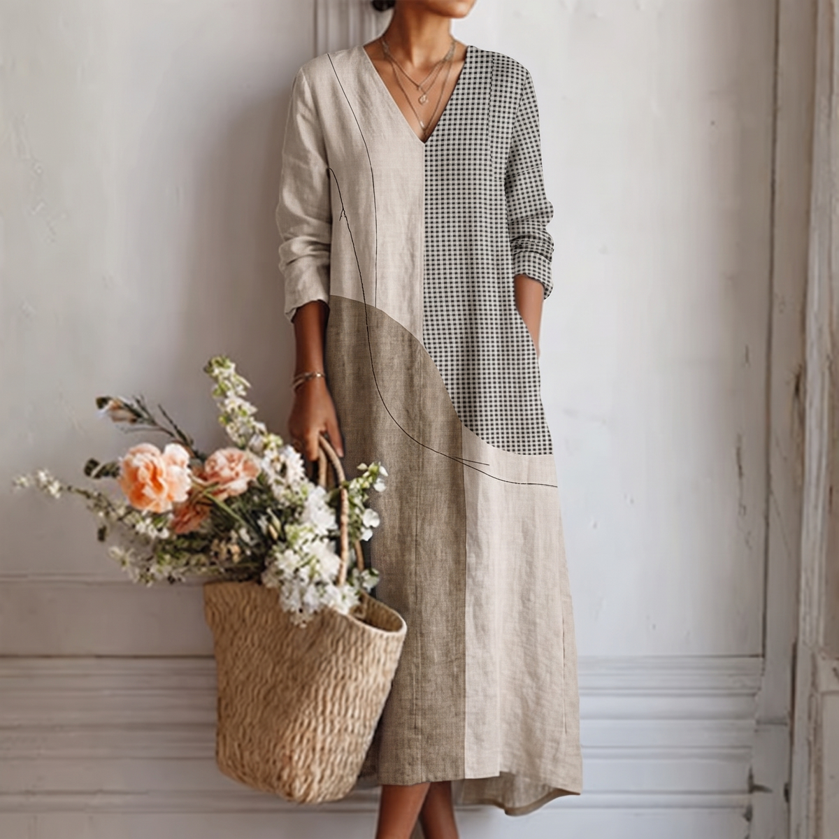 Cybele — Taupe Colour-Block V-Neck Boho Maxi Dress