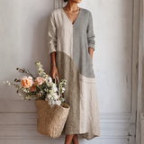 Cybele — Taupe Colour-Block V-Neck Boho Maxi Dress
