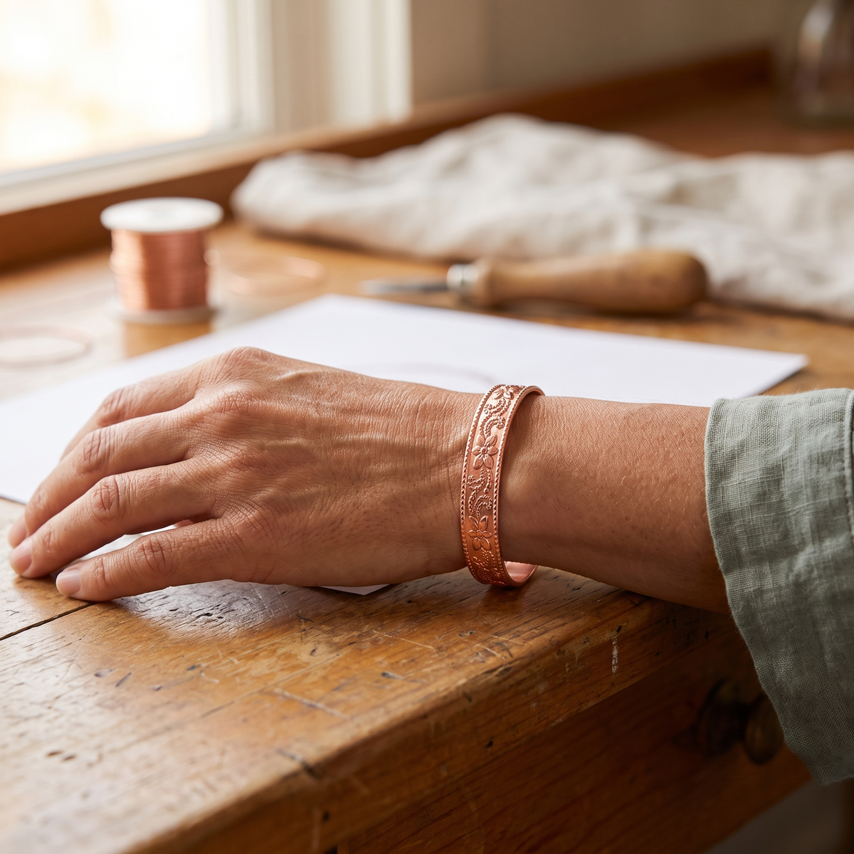 Kira — Floral Engraved Slim Copper-Tone Cuff Bracelet