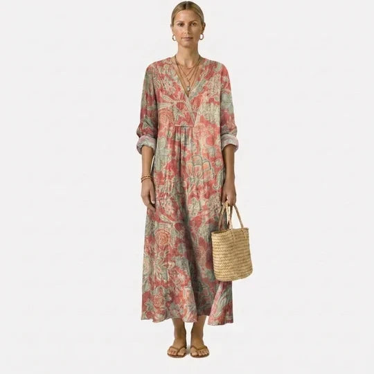 Agathe — Coral Floral V-Neck Boho Maxi Dress