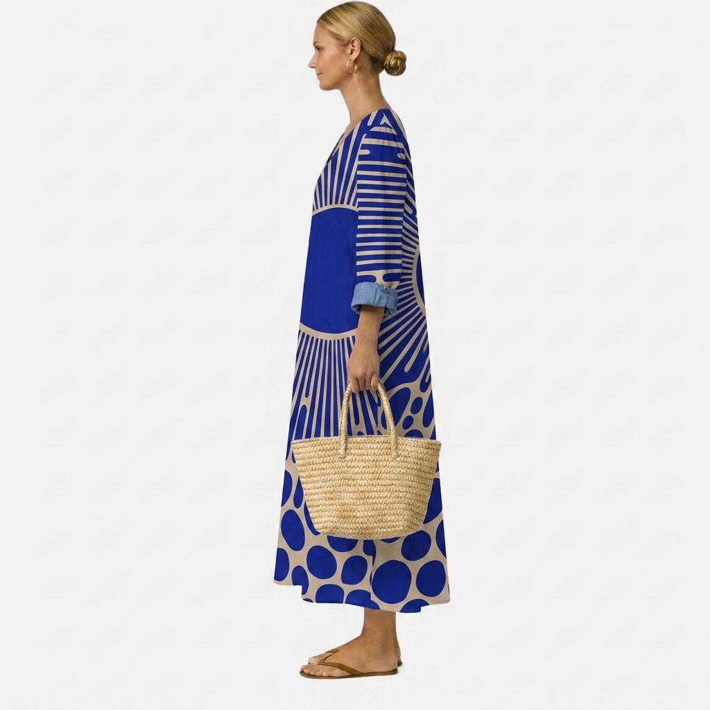 Alaina — Blue Sunburst-Print V-Neck Boho Maxi Dress