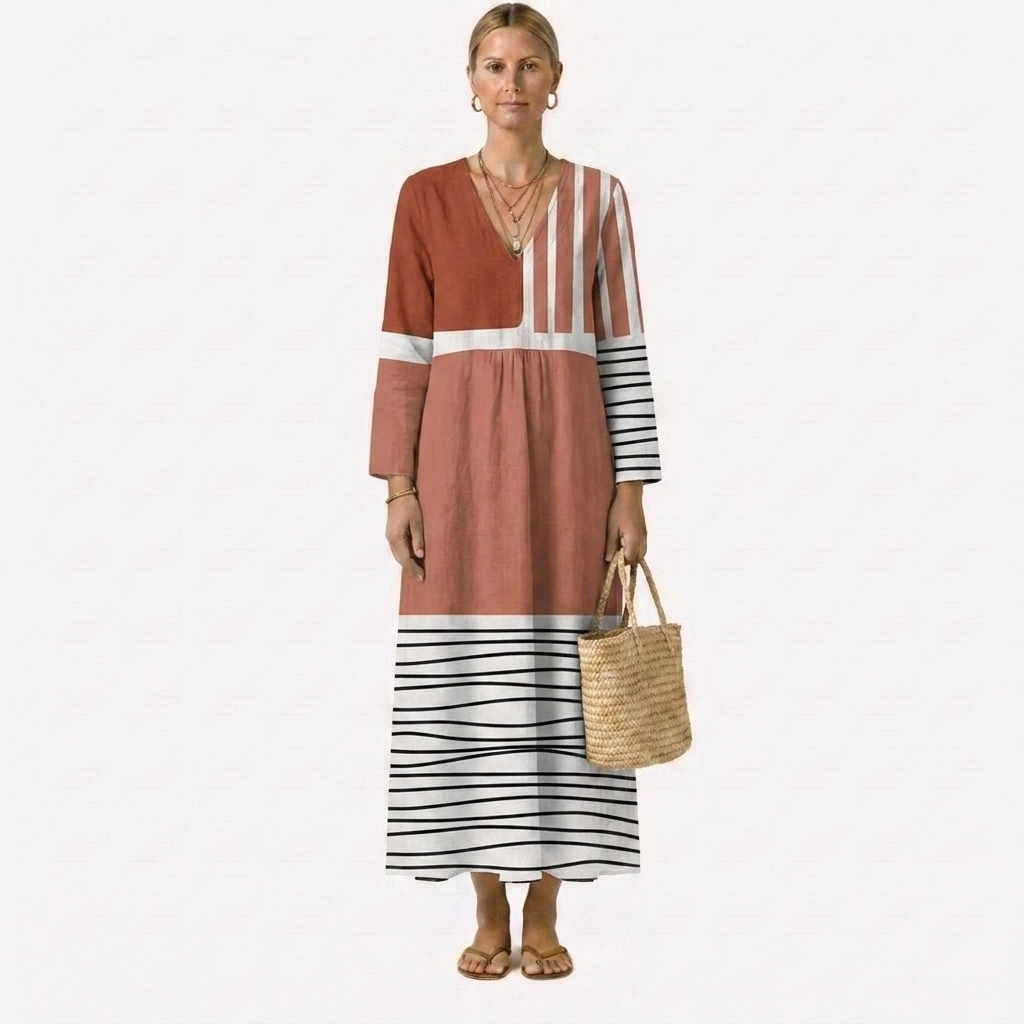 Colby — Rust Colour-Block Stripe V-Neck Boho Maxi Dress