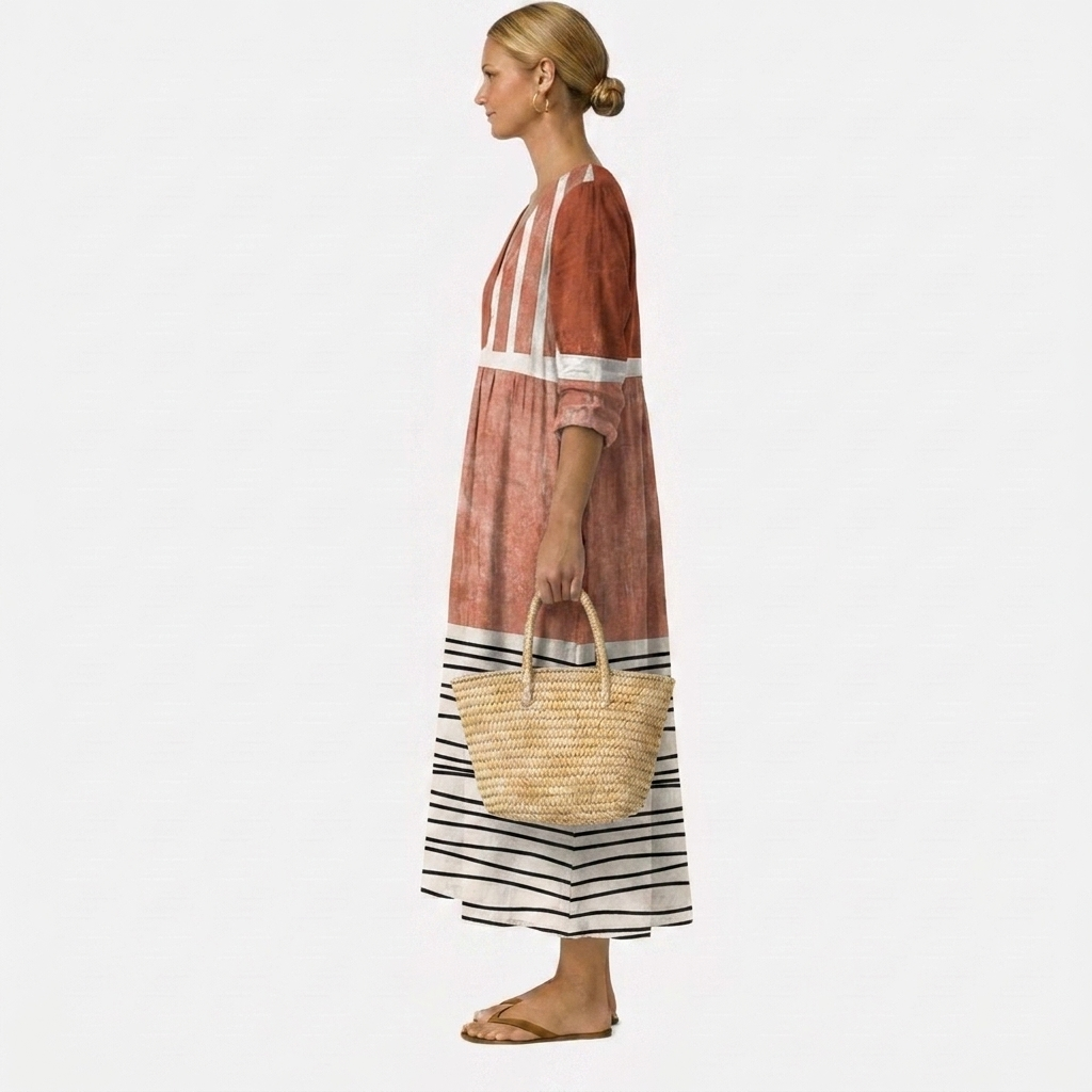 Colby — Rust Colour-Block Stripe V-Neck Boho Maxi Dress