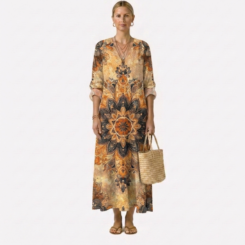 Cheyenne — Golden Mandala Sunburst V-Neck Boho Maxi Dress