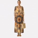 Cheyenne — Golden Mandala Sunburst V-Neck Boho Maxi Dress
