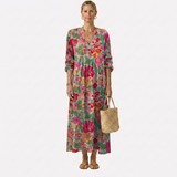 Chelle — Pink Floral Bouquet V-Neck Boho Maxi Dress
